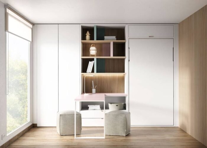 Bedroom with vertical bunk bed with loft and desk - Image 1
