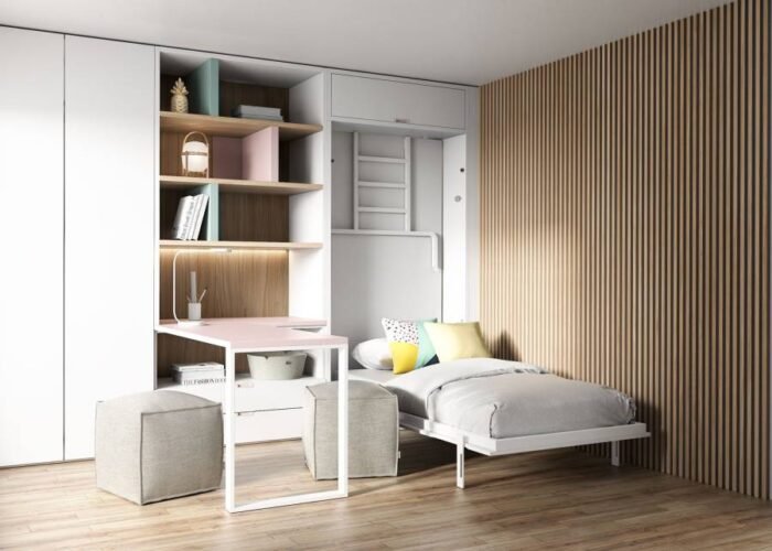Bedroom with vertical bunk bed with loft and desk - Image 2