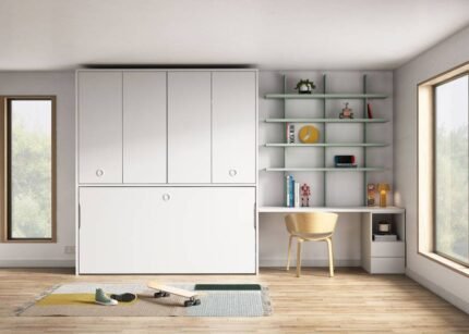 Folding bed with folding wardrobe and desk