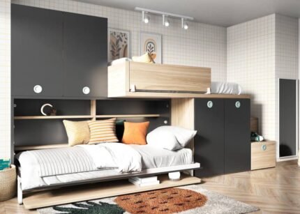 Horizontal folding bed with another elevated bed on the wardrobe