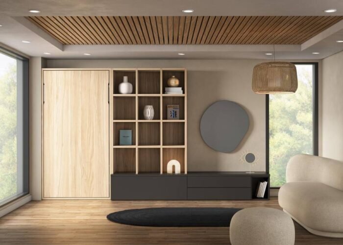Folding bed with TV table and bookcase - Image 1