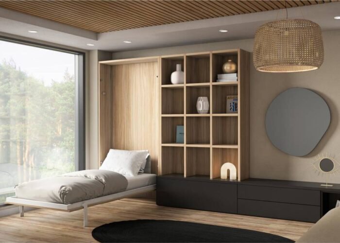 Folding bed with TV table and bookcase - Image 2