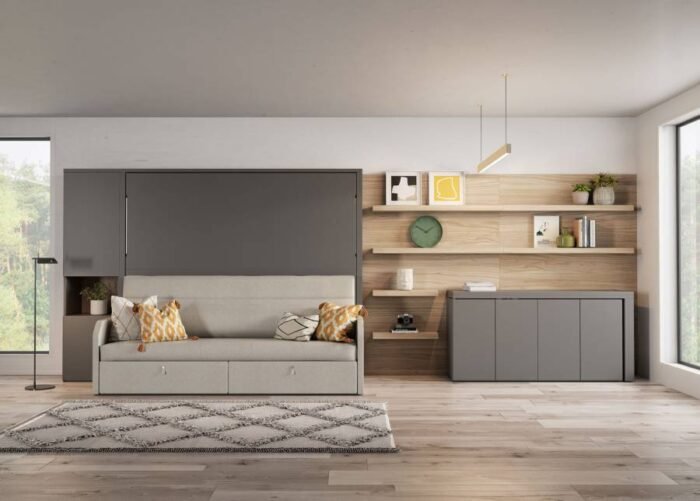 Folding bed with integrated sofa, bookshelf and folding table for 4 - Image 1