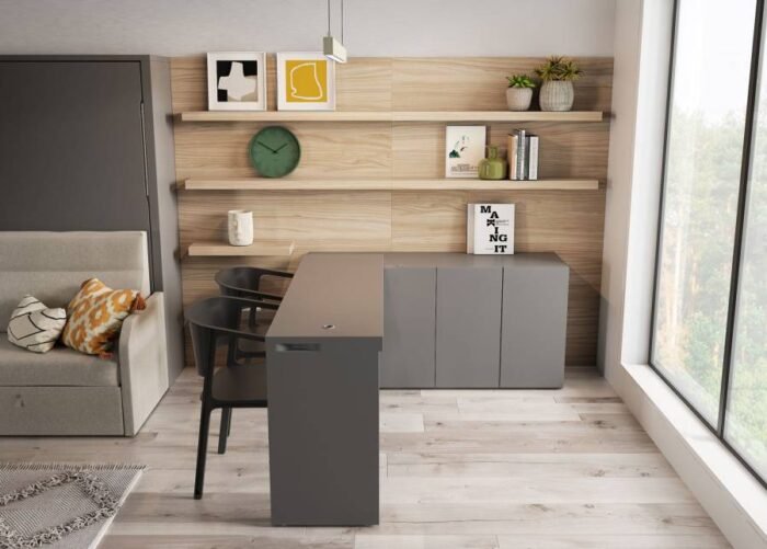 Folding bed with integrated sofa, bookshelf and folding table for 4 - Image 5