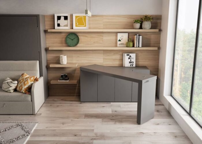 Folding bed with integrated sofa, bookshelf and folding table for 4 - Image 4