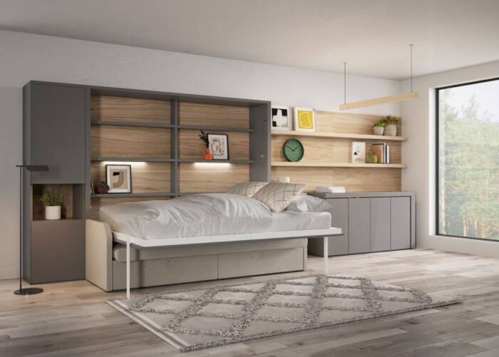 Folding bed with integrated sofa, bookshelf and folding table for 4 - Image 3
