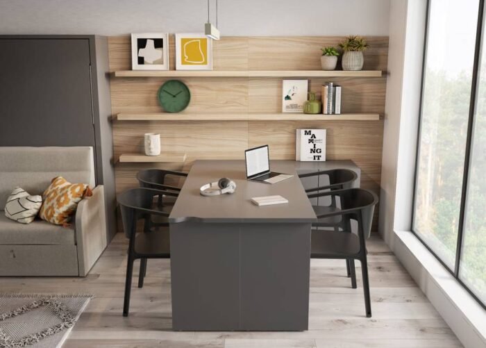 Folding bed with integrated sofa, bookshelf and folding table for 4 - Image 2