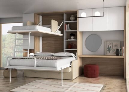 Sofa with double vertical folding bunk bed and dressing table