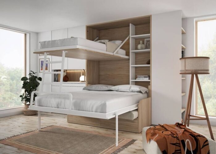 Living room with double vertical folding bunk bed and integrated sofa - Image 2