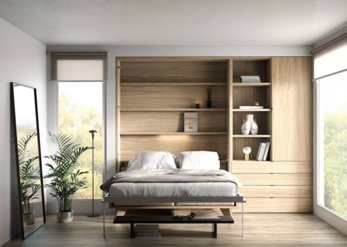 Living room with double vertical folding bed and bookcase - Image 1