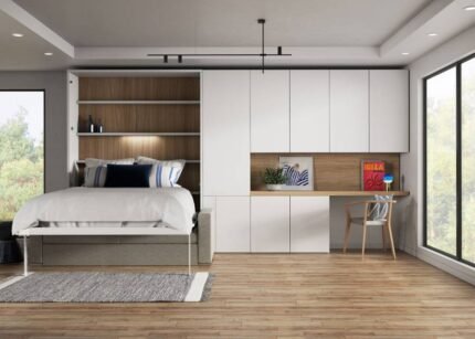 Double folding bed with lift-up sofa and hanging table