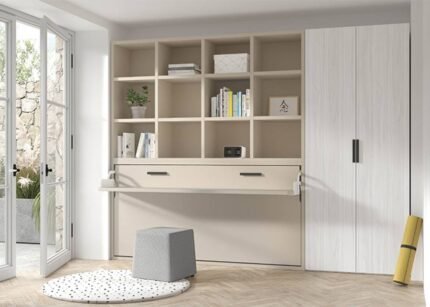 Room with wardrobe and horizontal folding bed with integrated table