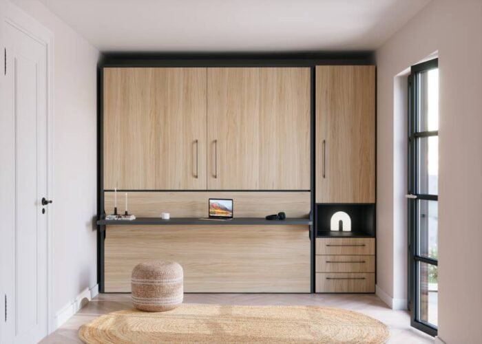 Folding bed with integrated desk and wardrobe - Image 1