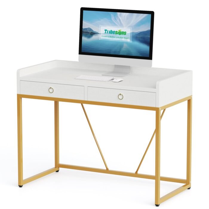 Computer Desk, 43 inch Modern Study Desk Writing Table with 2 Drawers - Image 1