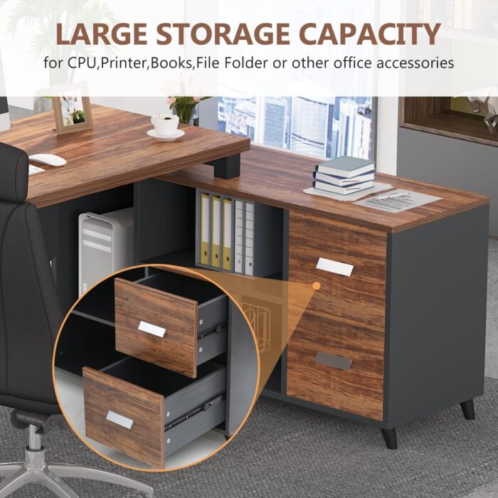 55 Inch L-Shaped Computer Executive Desk with 47 inch File Cabinet - Image 8