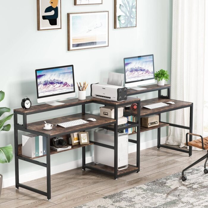 Two Person Desk, 94.5? Computer Desk with Monitor Riser - Image 1