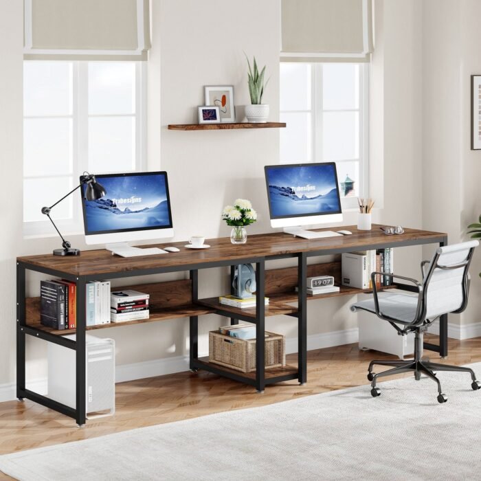 Two Person Desk, 78.7 Computer Double Desk with Bookshelf - Image 1