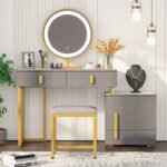 Vanity, Makeup Dressing Table with 3-Color Touch Screen Lighted Mirror - Image 9