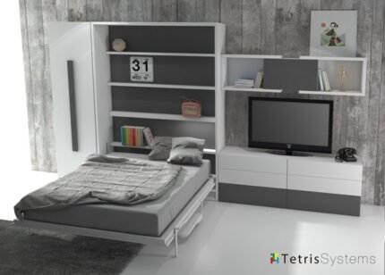 Living room with vertical folding bed with folding desk