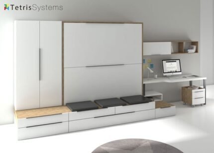 Folding bunk bed with trundle, table and wardrobe