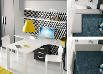 Elegant youth bed with fold-down bunk bed and wardrobes