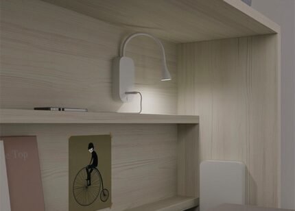 Horizontal folding table with high desk and wardrobe.