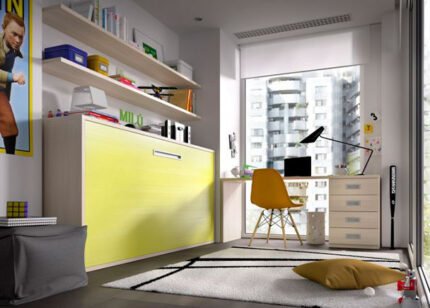 Horizontal folding bed with shelves