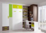 Youth bedroom with a vertical folding bed, integrated between a 3-door wardrobe and a bookcase with a study area.