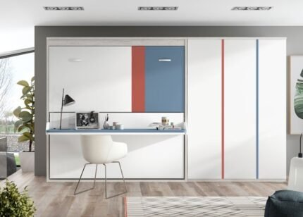 Horizontal folding bunk bed with desk and wardrobes.
