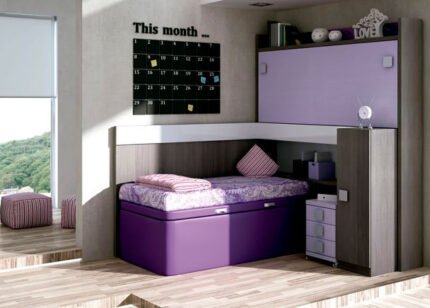 Children's room with a high folding bed and toy storage bed.