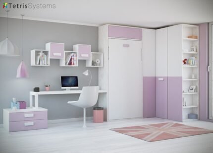 Room with vertical folding bed and table