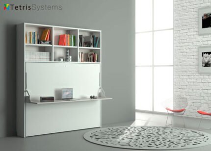 Folding double bed, table and white bookcase