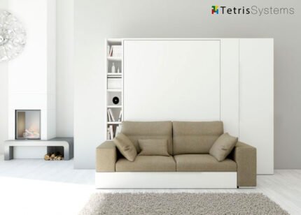 Living room with fold-down bed and sofa + wardrobe