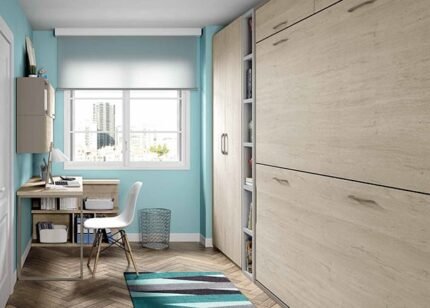 Horizontal folding bunk bed measuring 90 x 190 with wardrobe and study area.