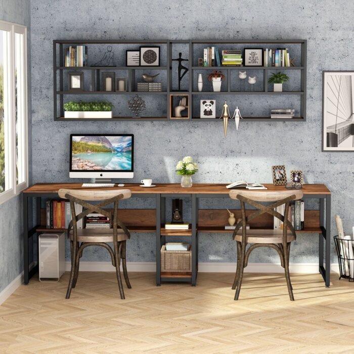 Two Person Desk, 78.7 Computer Double Desk with Bookshelf - Image 5