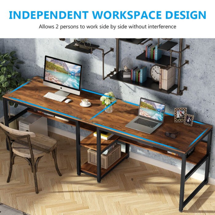 Two Person Desk, 78.7 Computer Double Desk with Bookshelf - Image 6